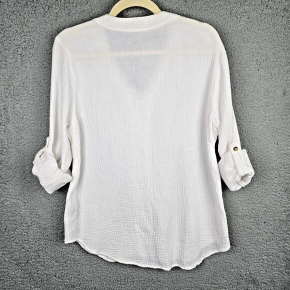 Side Stitch LA Cover Up Women M White Cotton Roll Tab Sleeves Lace Up V-Neck - Picture 2 of 12